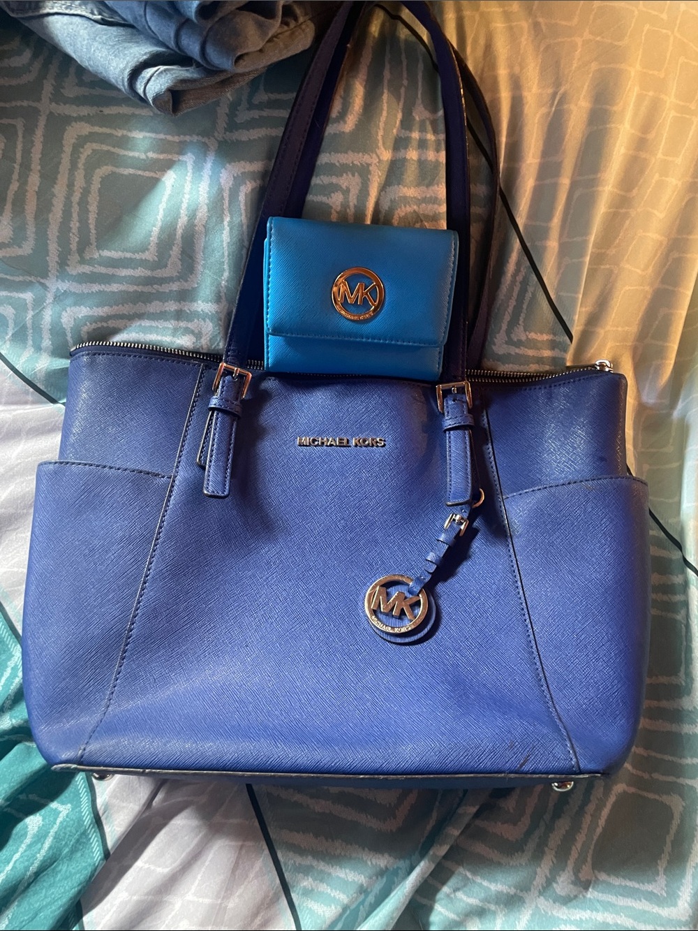 Michael Kors Royal Blue Saffiano Leather Tote with Matching Card Case